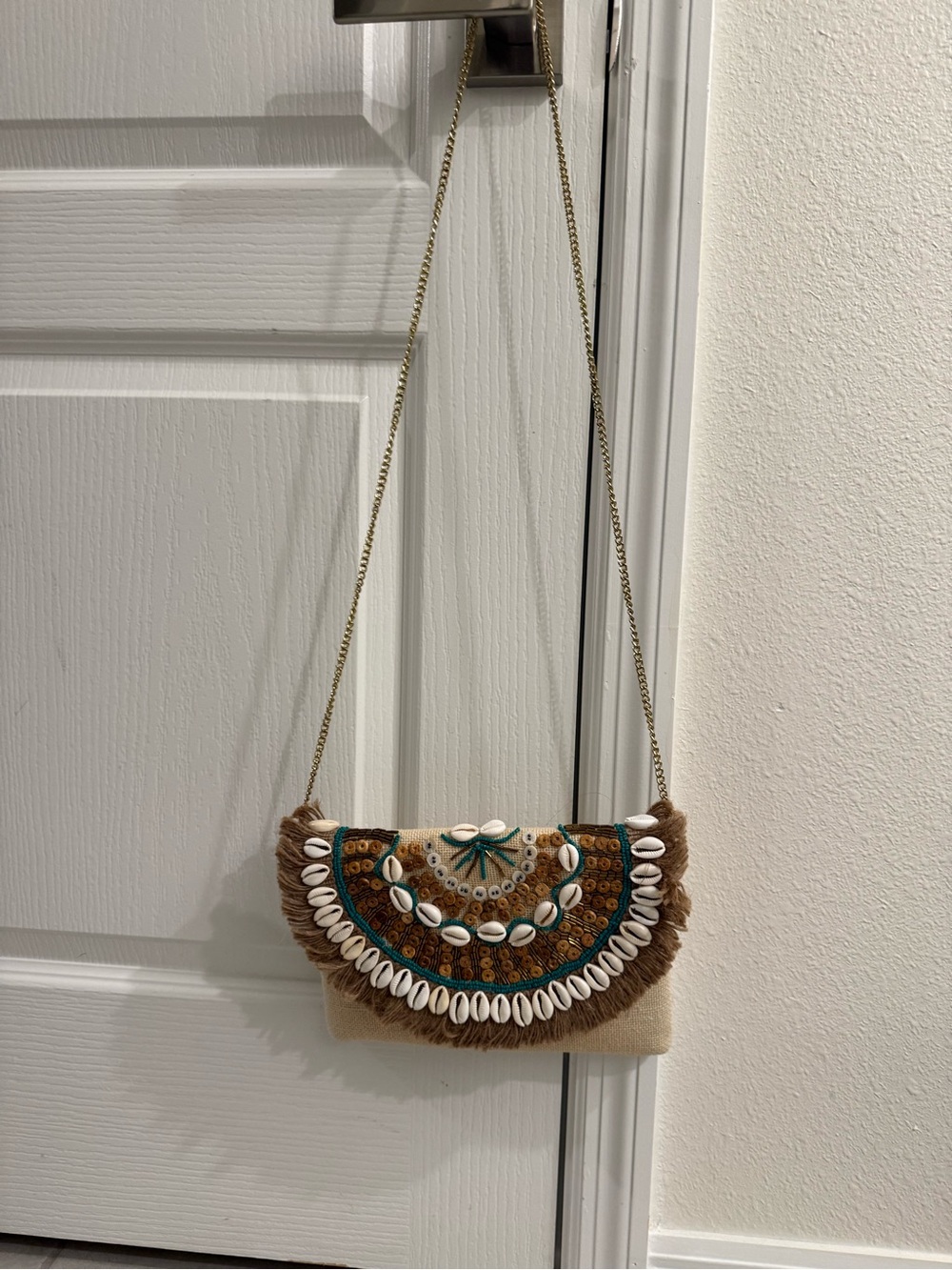 Boho Shell-Embellished Crossbody Bag in Beige and Teal